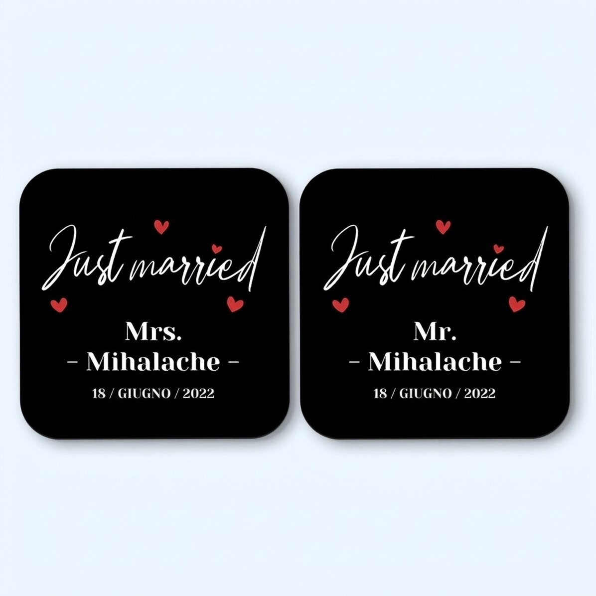 Set di 2 sottobicchieri personalizzati con la scritta "Just Married"