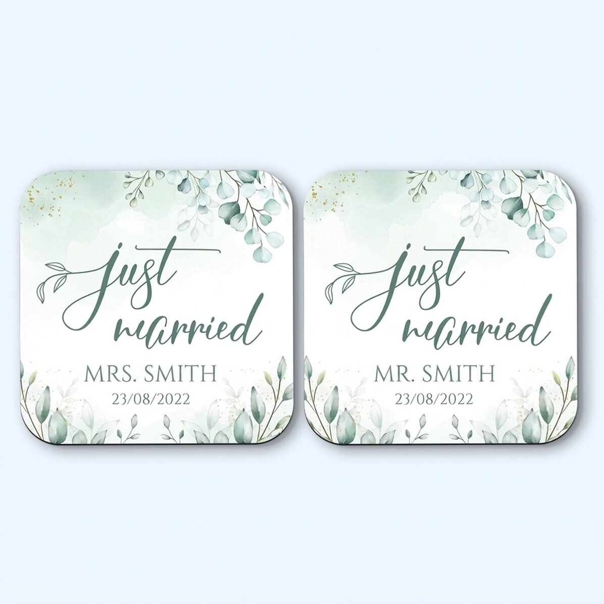 Set di 2 portabicchieri personalizzati con la scritta "Just Married Elegance"