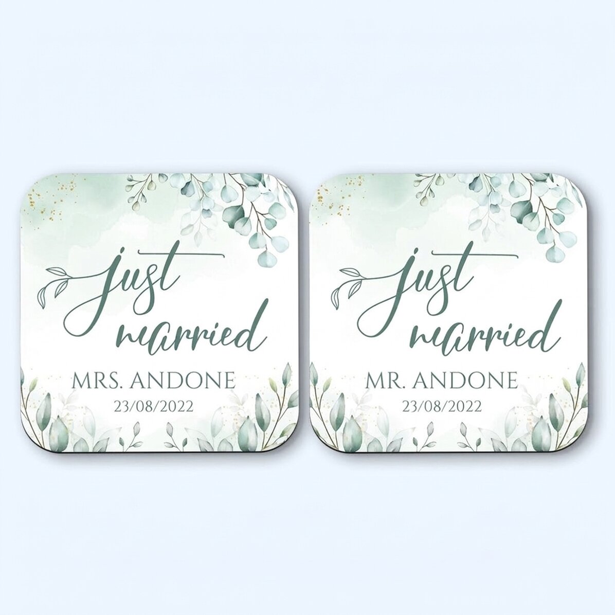 Set di 2 sottobicchieri personalizzati con la scritta "Just Married Elegance"