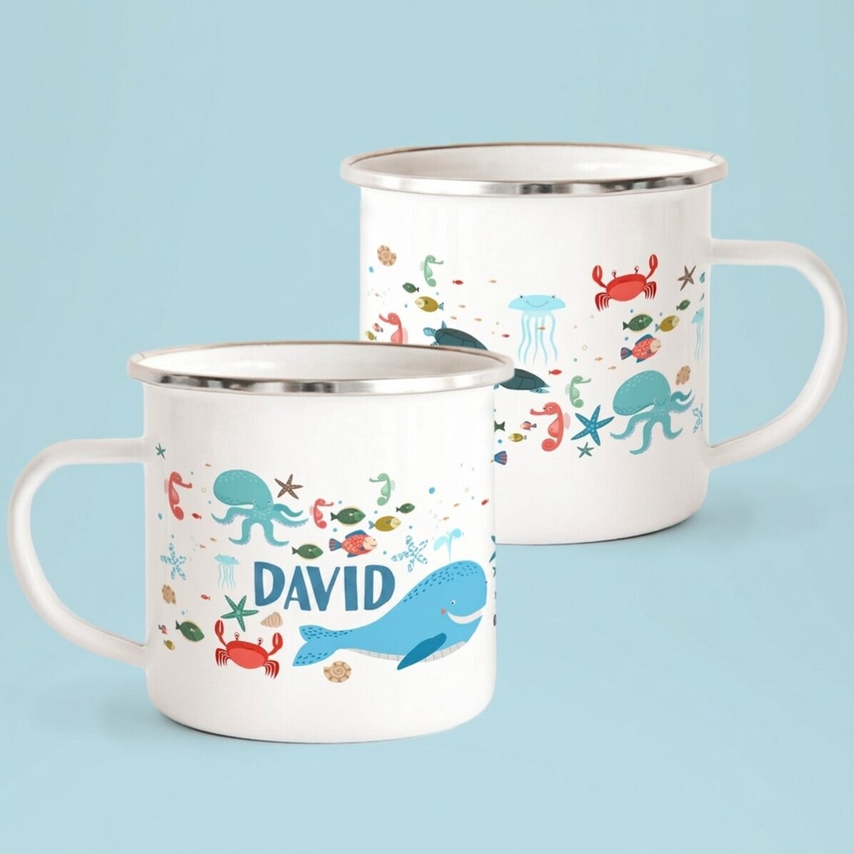 Tazza in metallo smaltato con nome per bambini - Sea friends