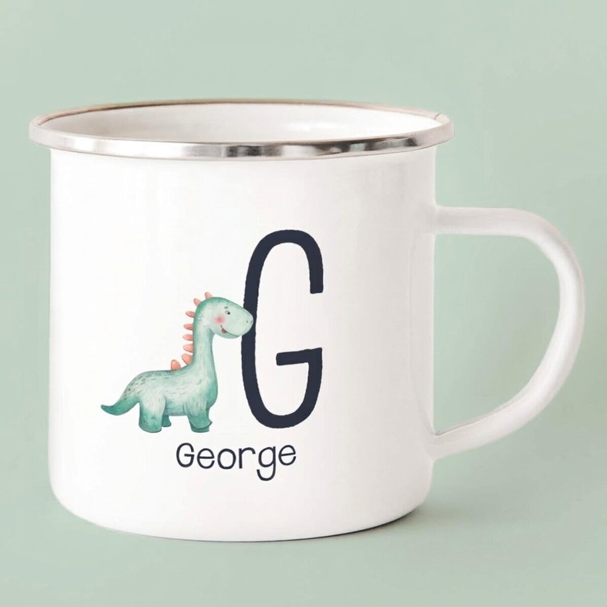 Tazza in metallo smaltato con nome e iniziale per bambini - Dinosaur