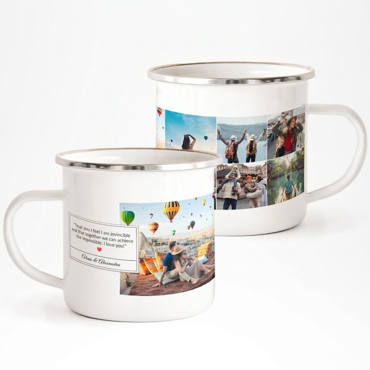 Tazza in metallo smaltato con 6 foto e un messaggio