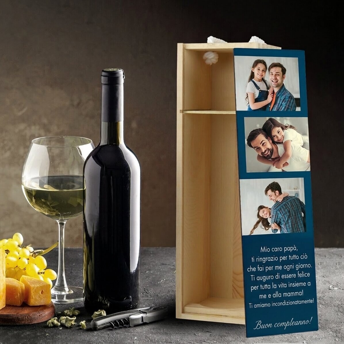 Scatola per vino personalizzata con 3 foto e un testo per i propri cari