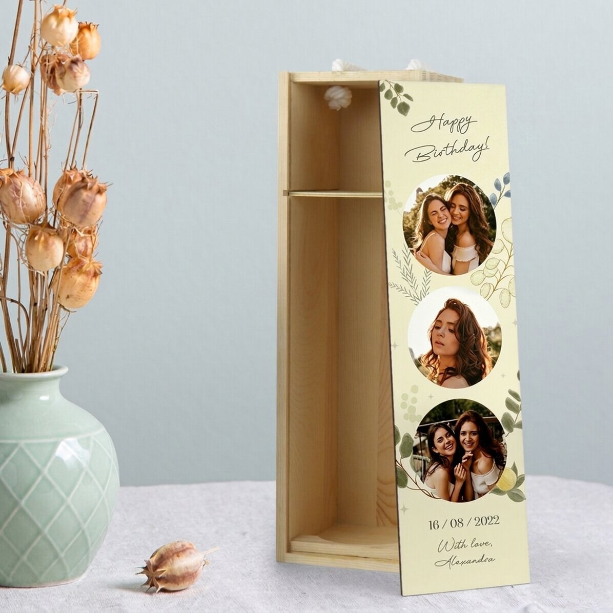 Scatola per vino personalizzata con 3 foto e testo - Per lei