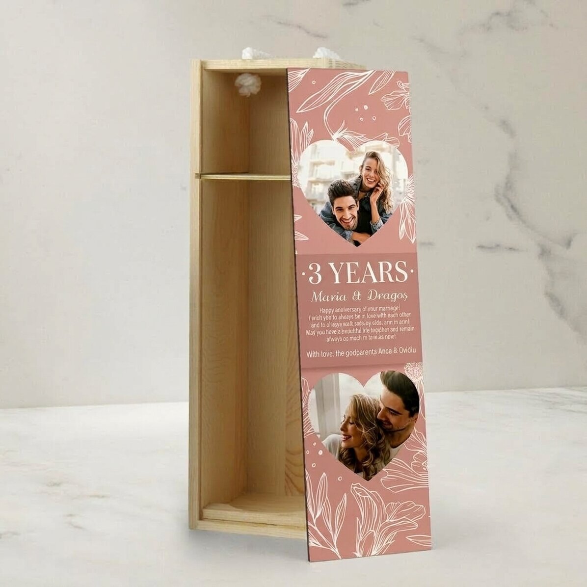 Scatola per vino personalizzata con testo e 2 foto - Anniversario di matrimonio