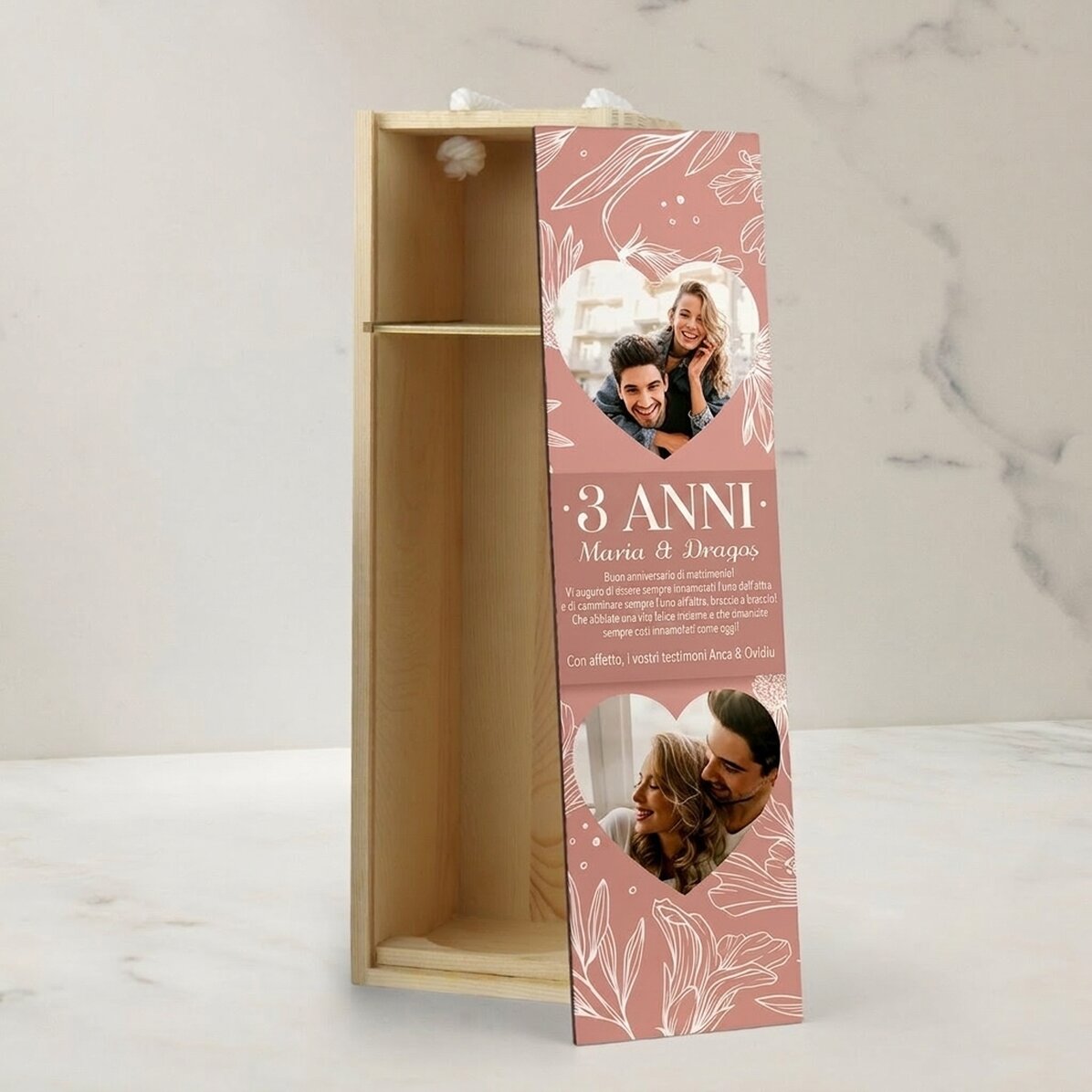 Scatola per vino personalizzata con testo e 2 foto - Anniversario di matrimonio