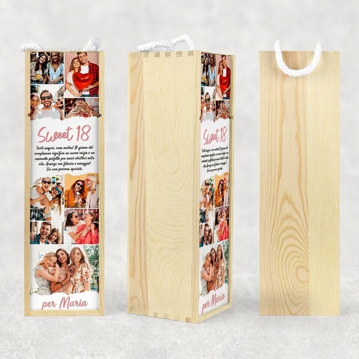 Scatola per vino personalizzata con testo e 9 foto per il compleanno - Sweet 18