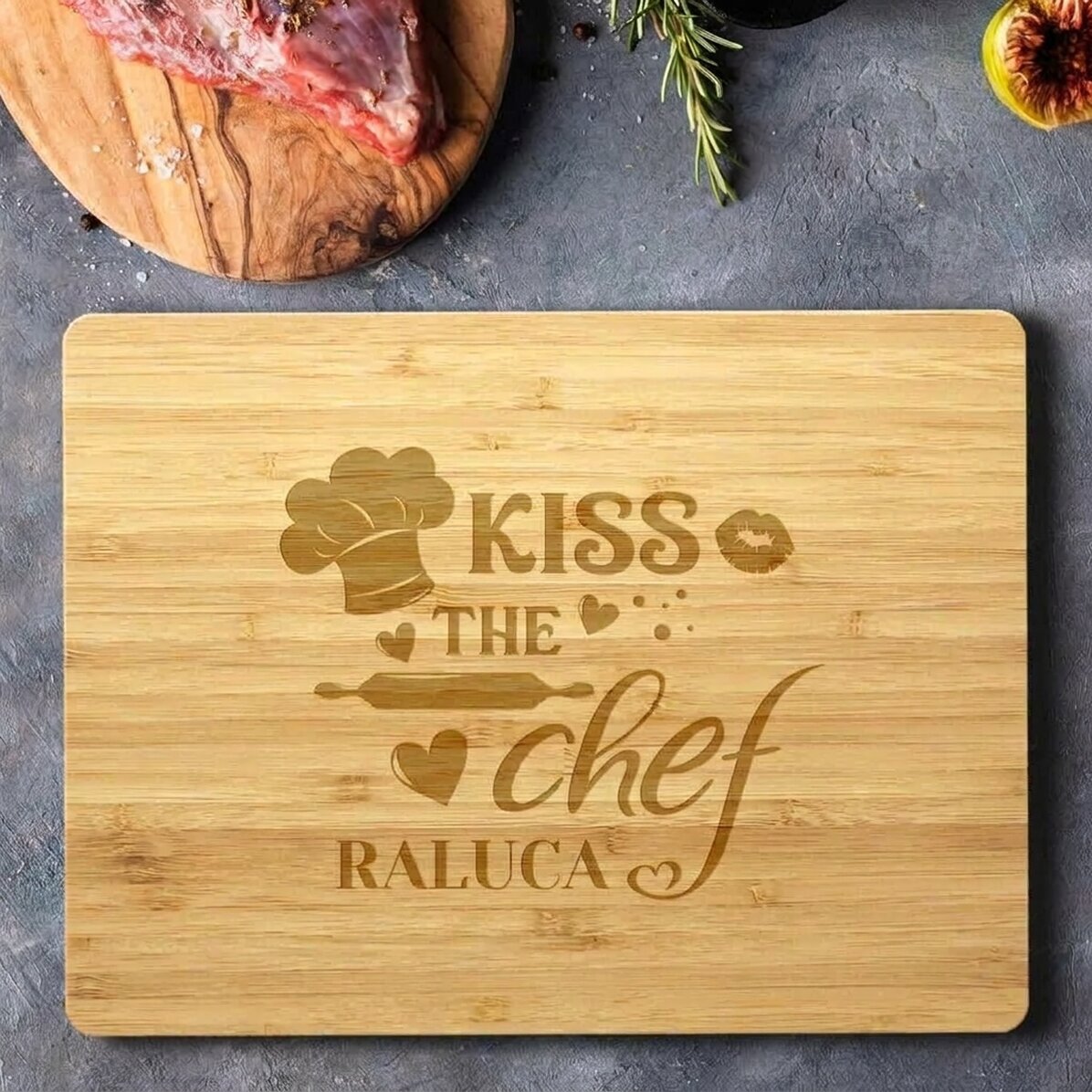 Tagliaverdure rettangolare in bambù personalizzato con scritta - Kiss the chef