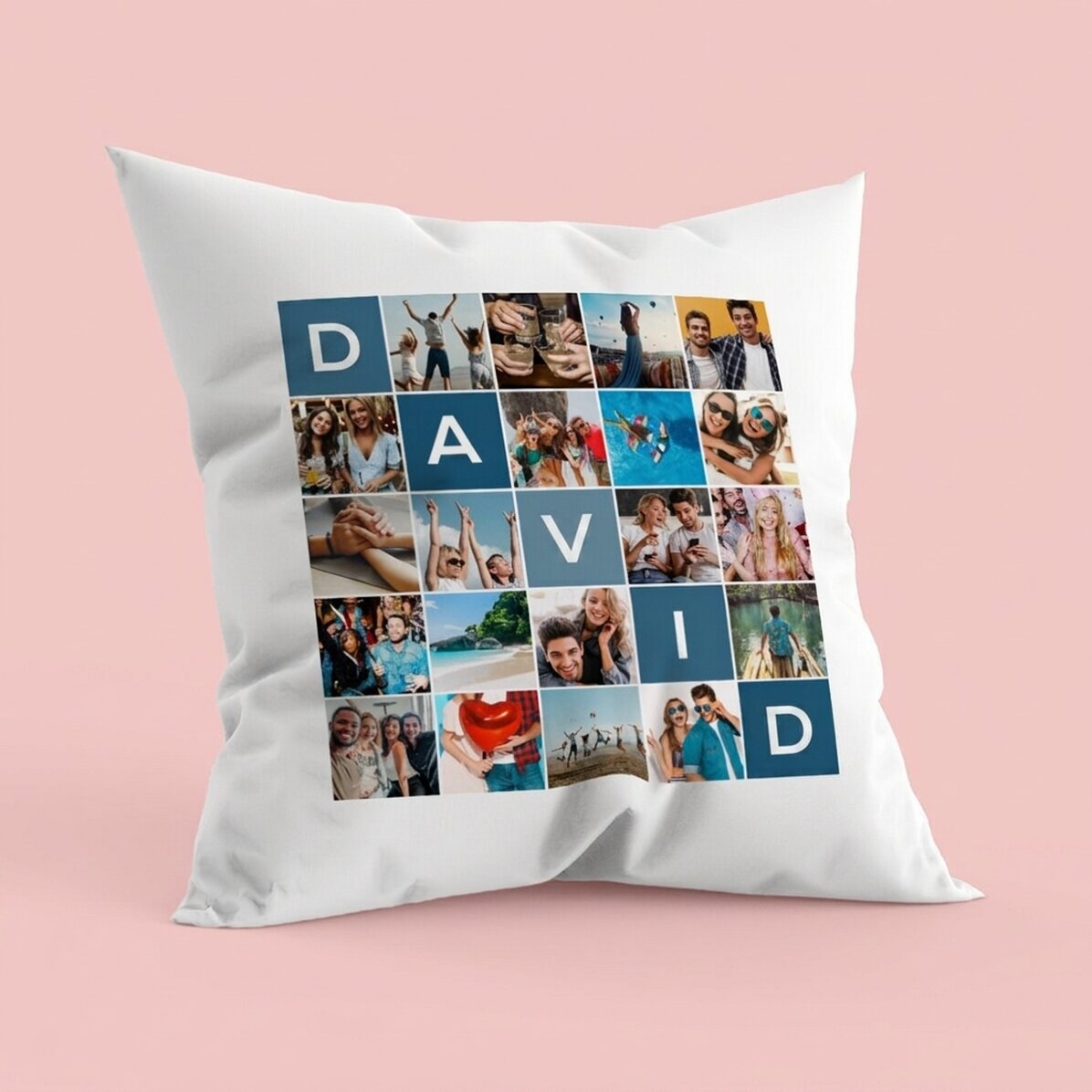 Cuscino personalizzato con 20 foto e un nome di 5 lettere