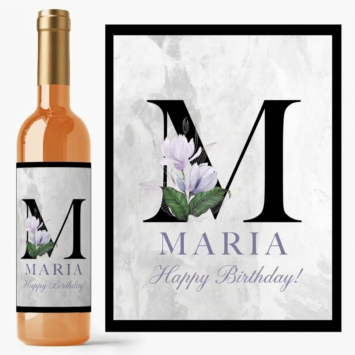 Vino personalizzato con iniziale, nome e messaggio - Floral
