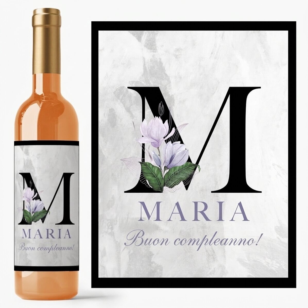 Vino personalizzato con iniziale, nome e messaggio - Floral