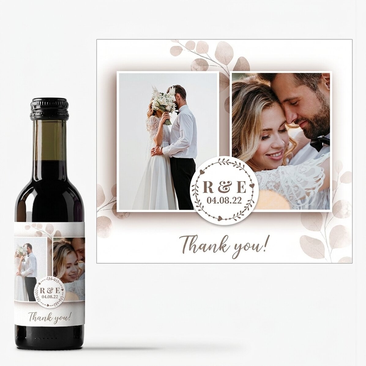 Mini bottiglia di vino personalizzata con 2 foto e un testo - Bomboniere di nozze