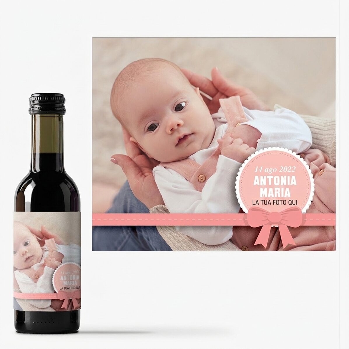 Mini bottiglietta di vino personalizzata con una foto e una dedica - Bomboniera per il battesimo di 