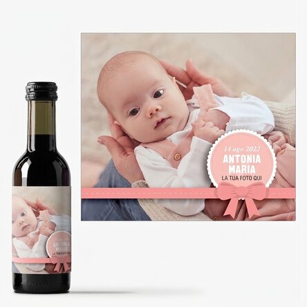 Mini bottiglietta di vino personalizzata con una foto e una dedica - Bomboniera per il battesimo di 