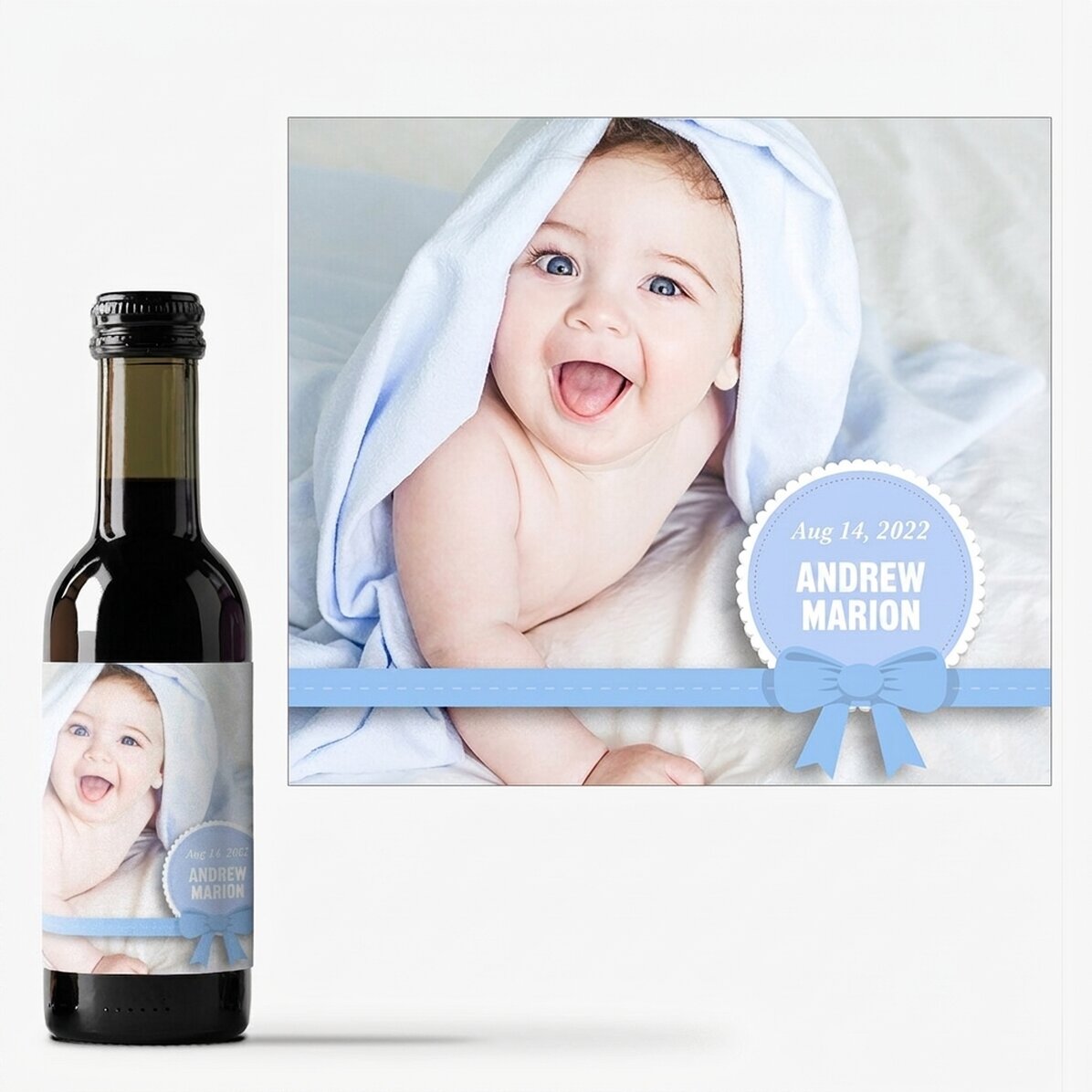 Mini bottiglietta di vino personalizzata con foto e testo - Bomboniera per il battesimo di un bambin