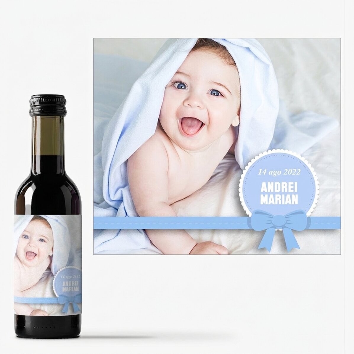 Mini bottiglietta di vino personalizzata con foto e testo - Bomboniera per il battesimo di un bambin