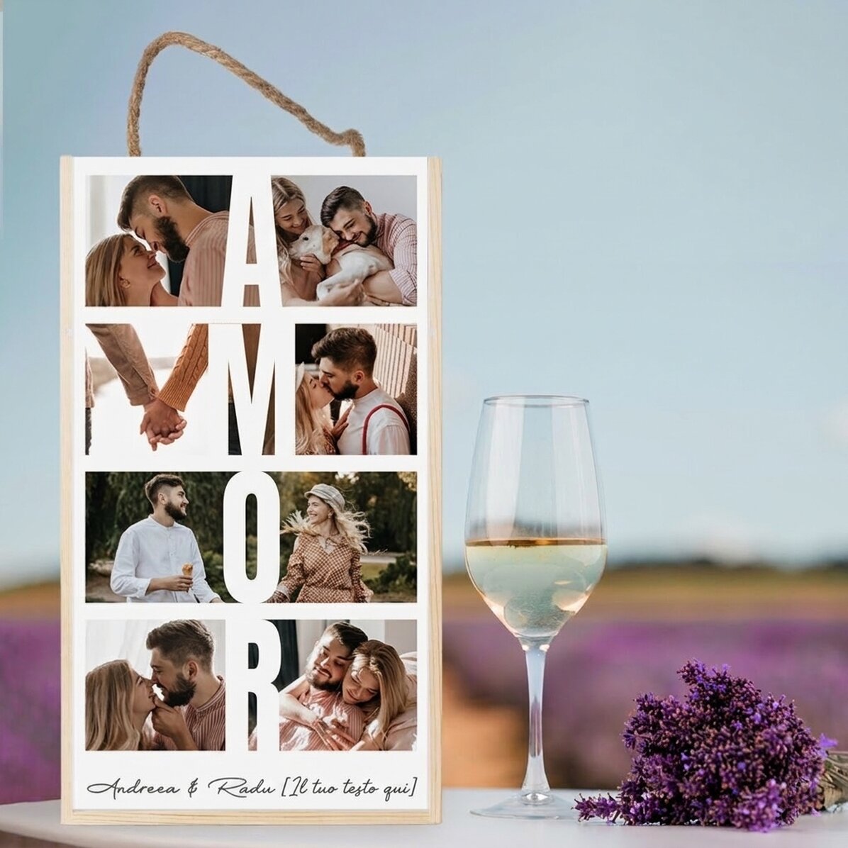 Scatola per 2 bottiglie di vino personalizzata con 8 foto e un messaggio - LOVE