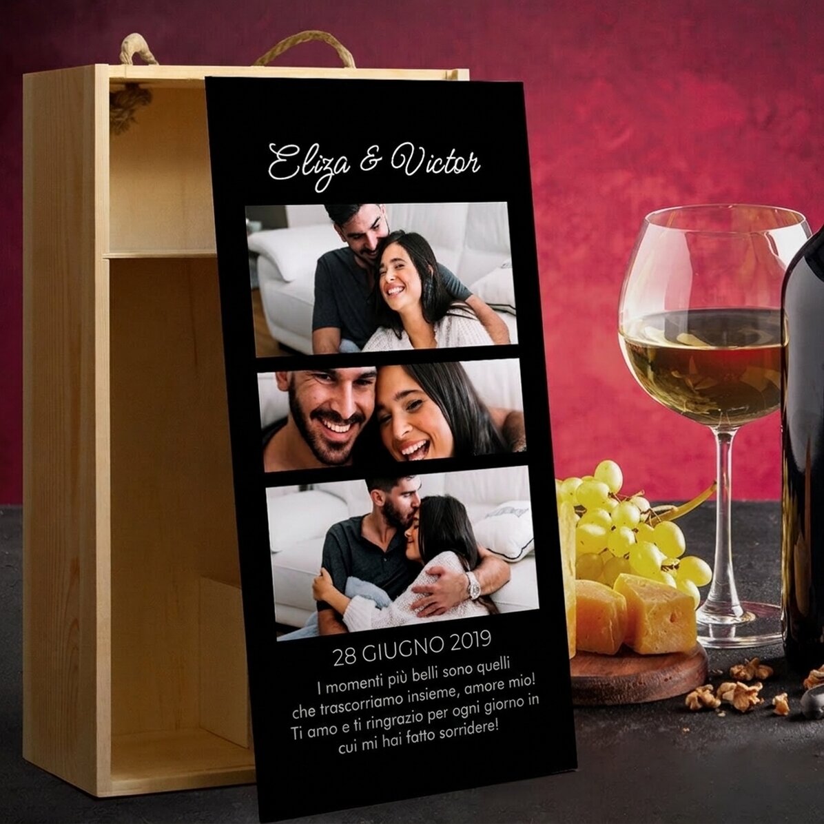 Confezione per 2 bottiglie di vino personalizzata con 3 foto e un messaggio per i propri cari