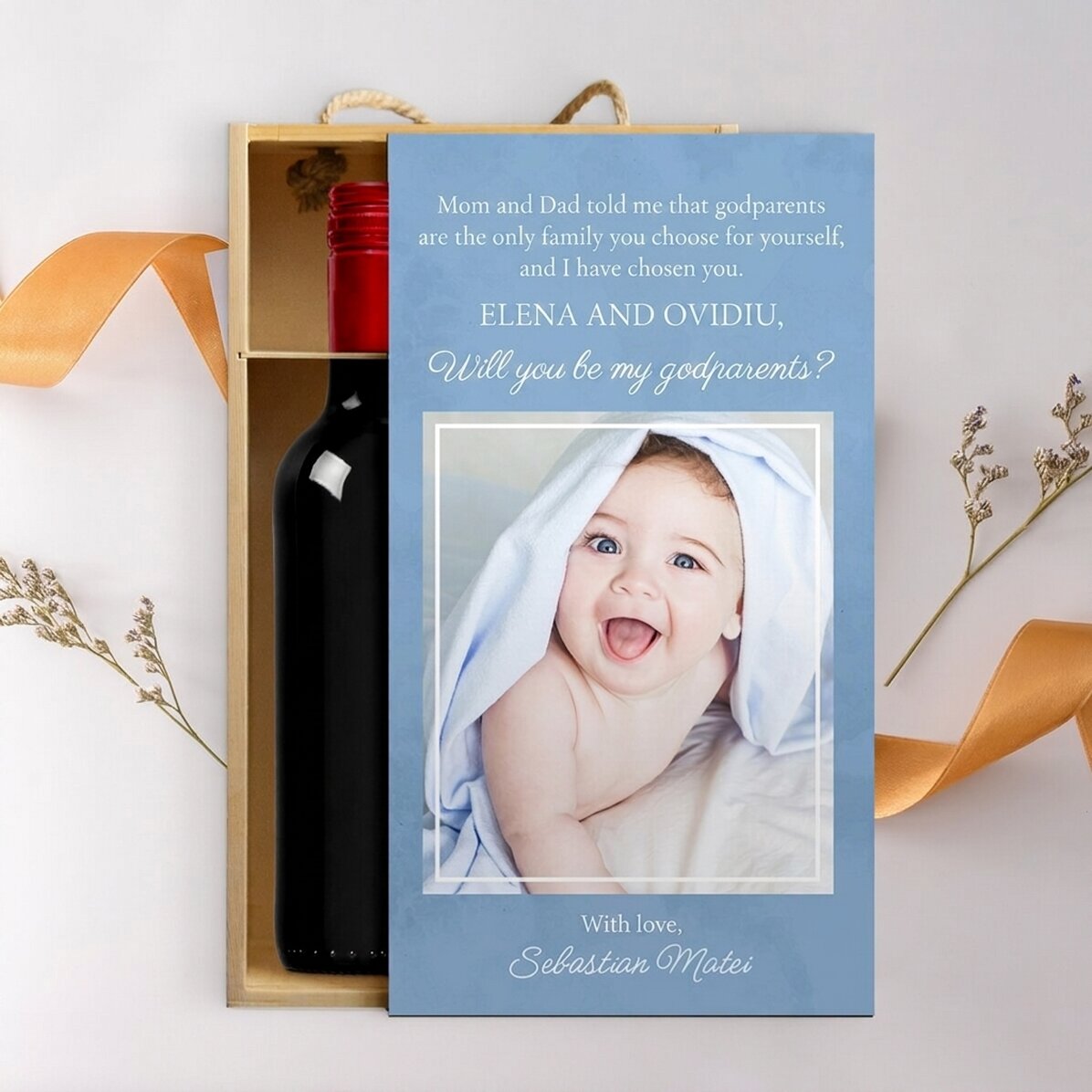 Confezione per 2 bottiglie di vino personalizzata con una foto e un messaggio - Con affetto