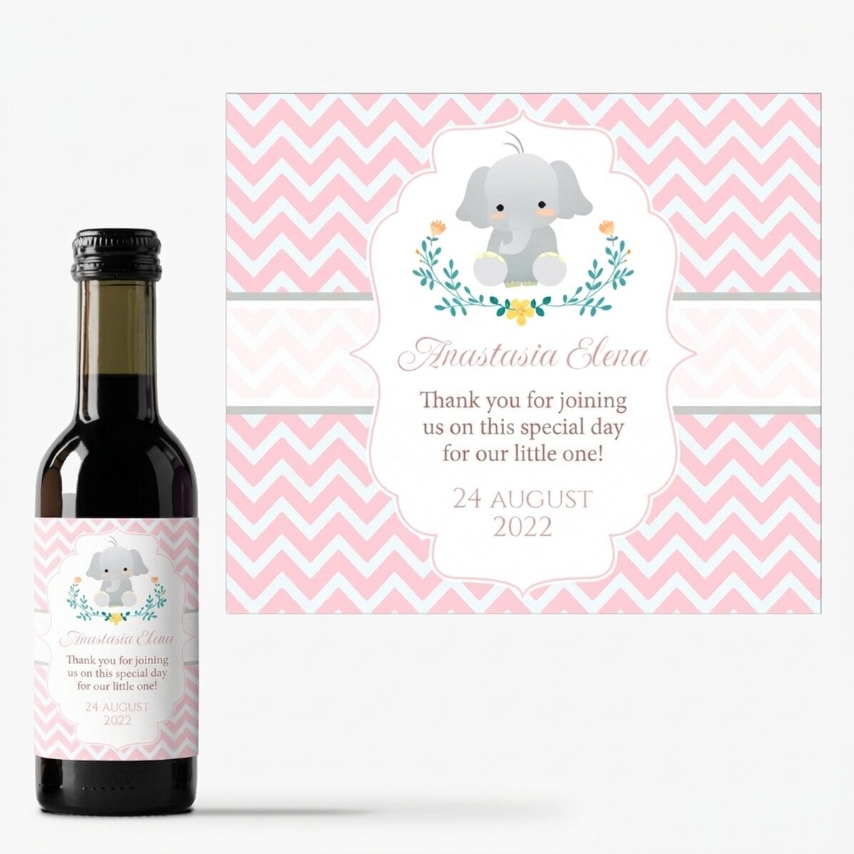 Mini bottiglietta di vino personalizzata con dedica per il battesimo - Elefante