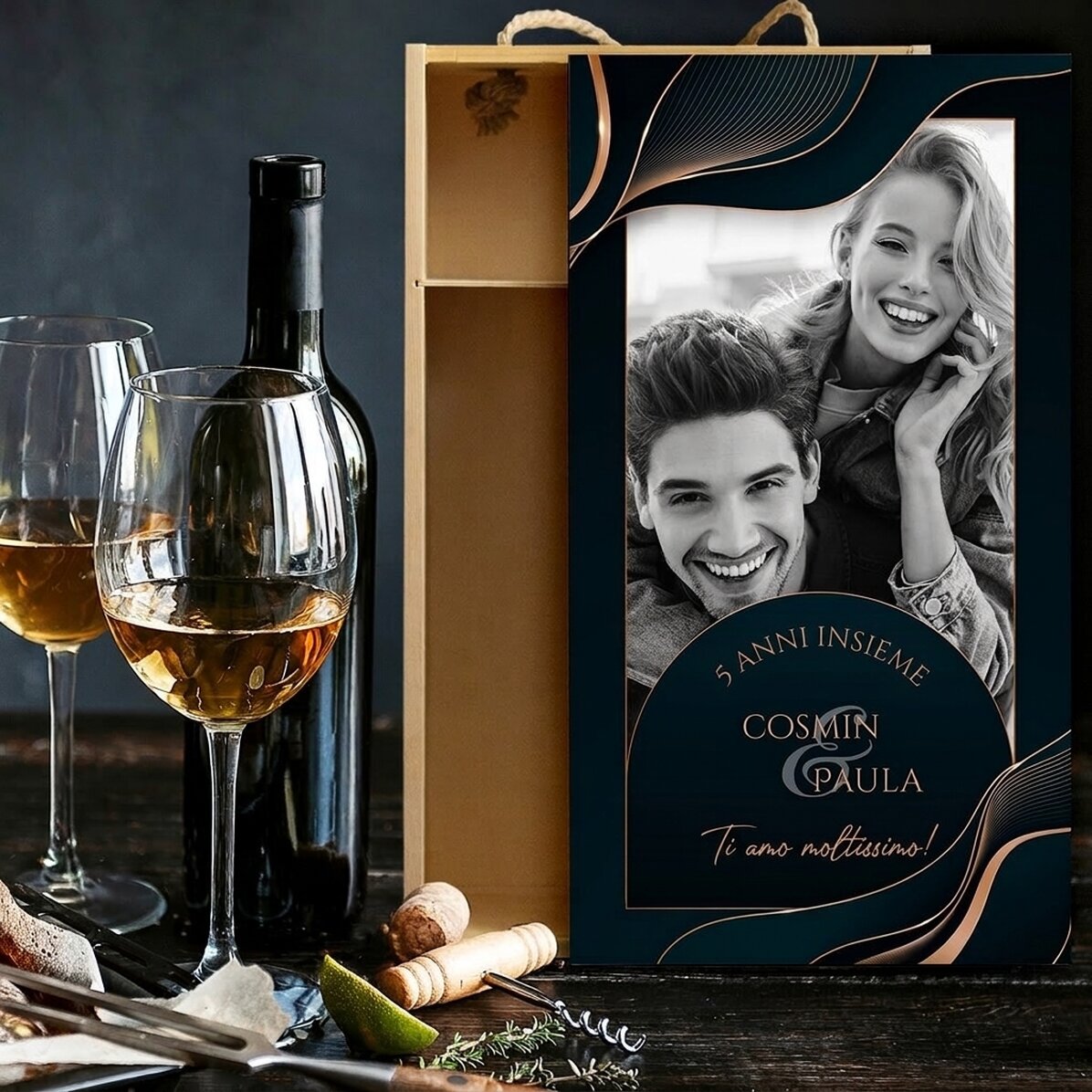 Scatola per 2 bottiglie di vino personalizzata con una foto e una dedica per l