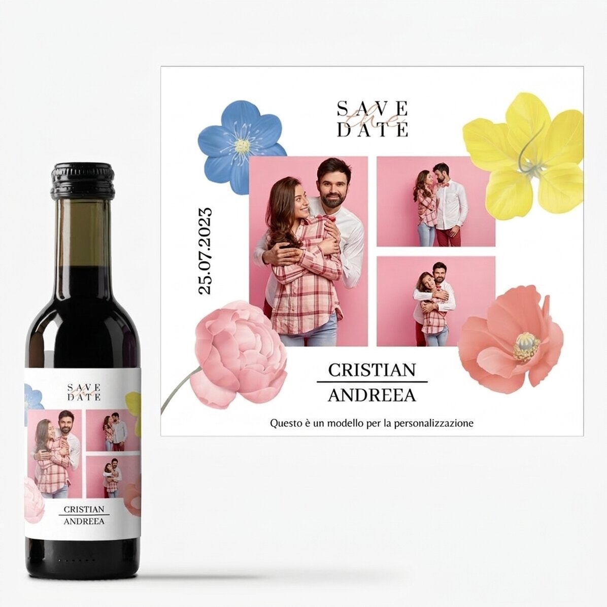Mini bottiglietta di vino personalizzata con 3 foto e un testo - Save the date
