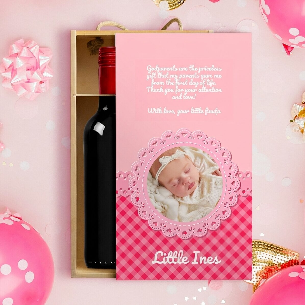Scatola per 2 bottiglie di vino personalizzata con una dedica per i padrini - Bambina
