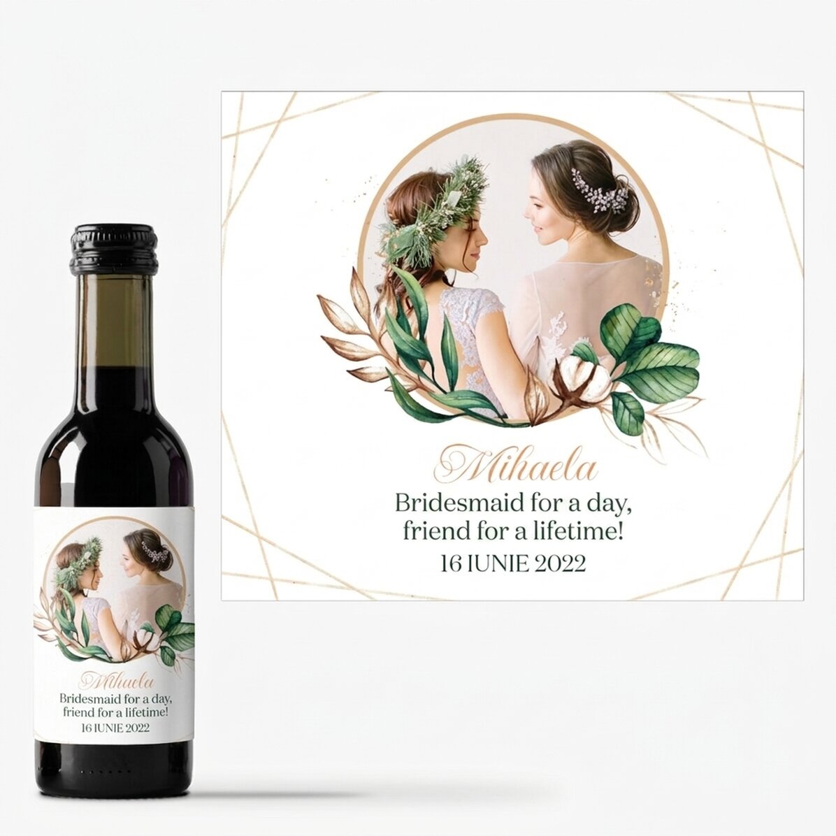 Mini bottiglia di vino personalizzata con una foto e una dedica per la damigella d