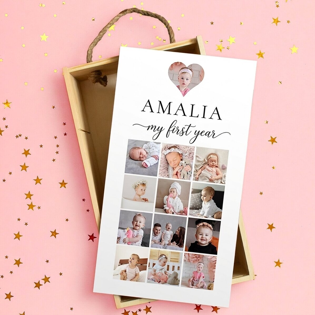 Scatola regalo in legno personalizzata con 13 foto e testo - Il mio primo anno