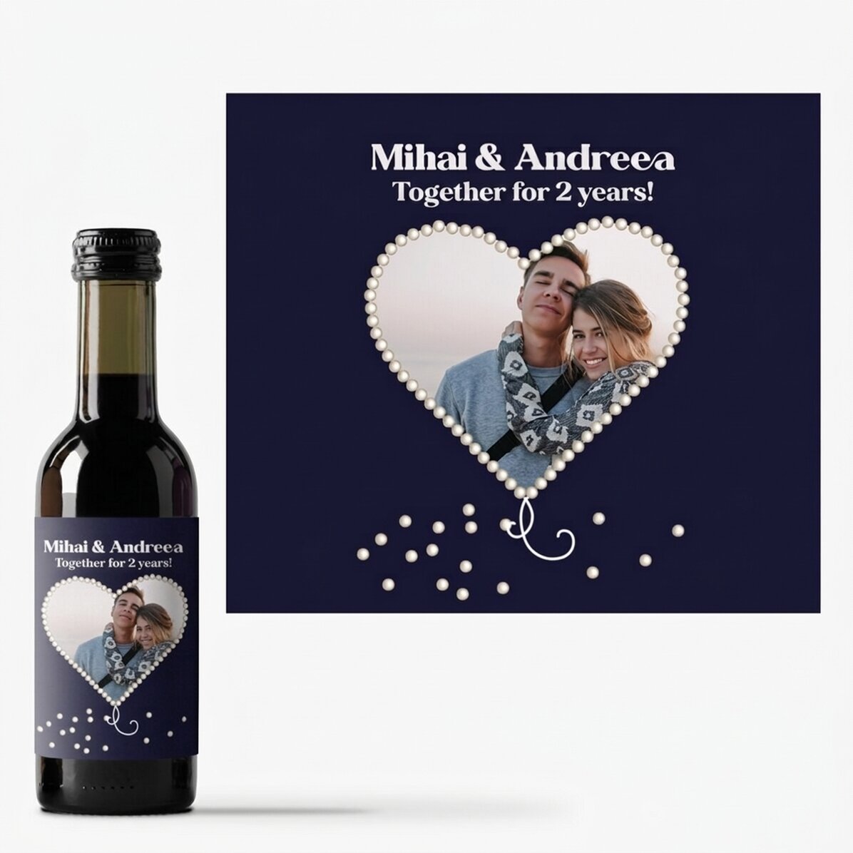 Mini bottiglia di vino personalizzata con una foto a forma di cuore perlato