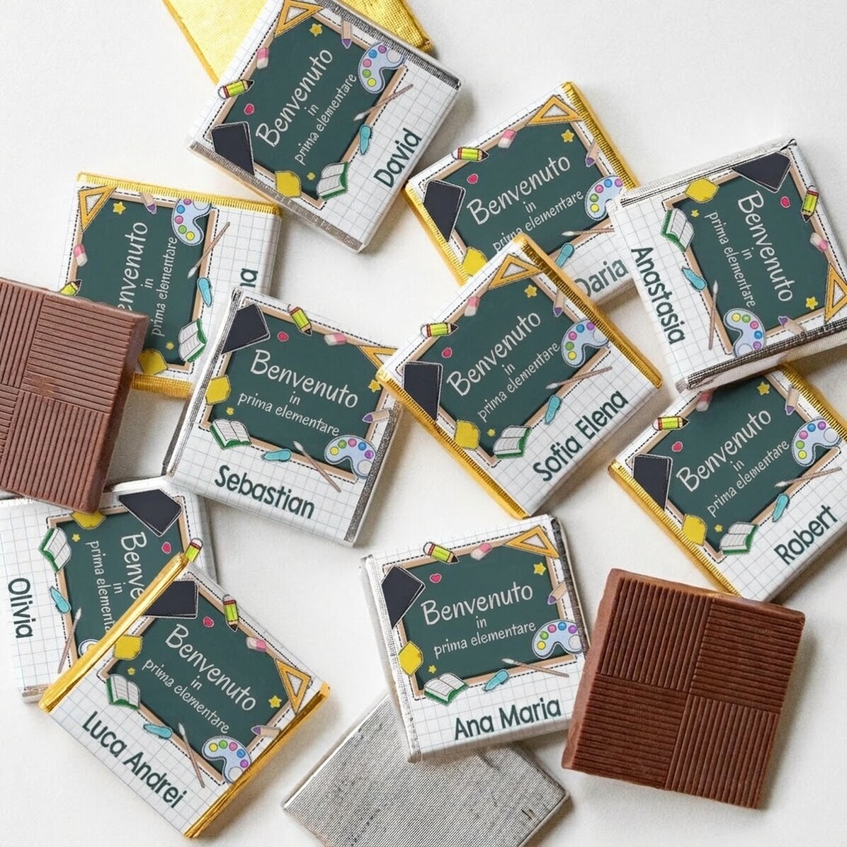 Set di 10 mini cioccolatini personalizzati con una frase per l