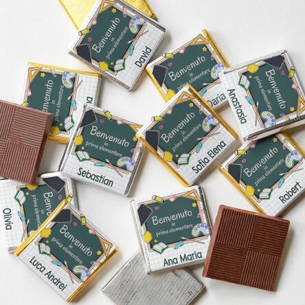 Set di 10 mini cioccolatini personalizzati con una frase per l'inizio dell'anno scolastico