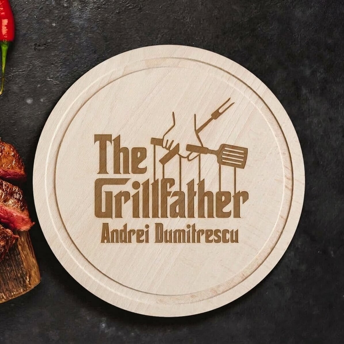 Tagliere rotondo personalizzato con scritta - The Grillfather