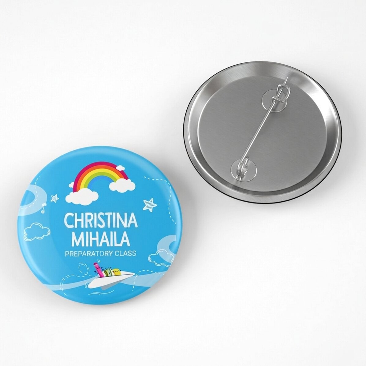 Spilla personalizzata con scritta per la scuola - Modello arcobaleno