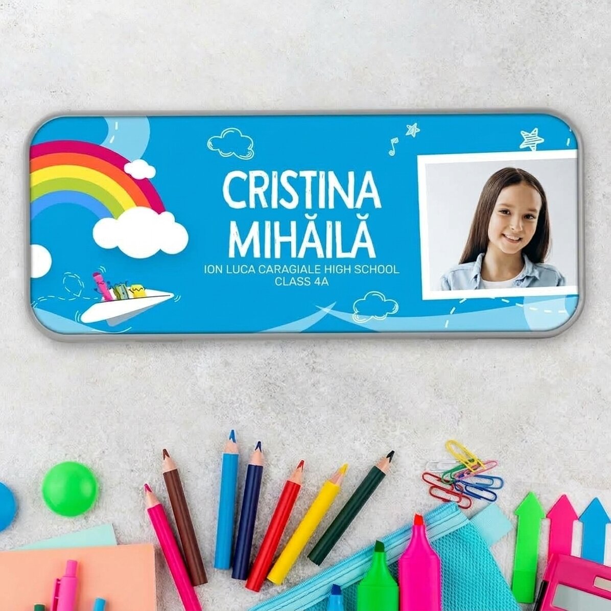 Astuccio personalizzato con foto e testo - Modello arcobaleno
