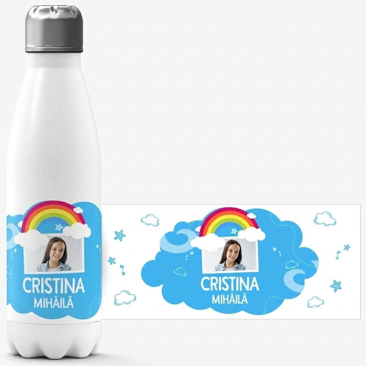 Thermos con base bianca personalizzato con una foto e un nome - Modello arcobaleno