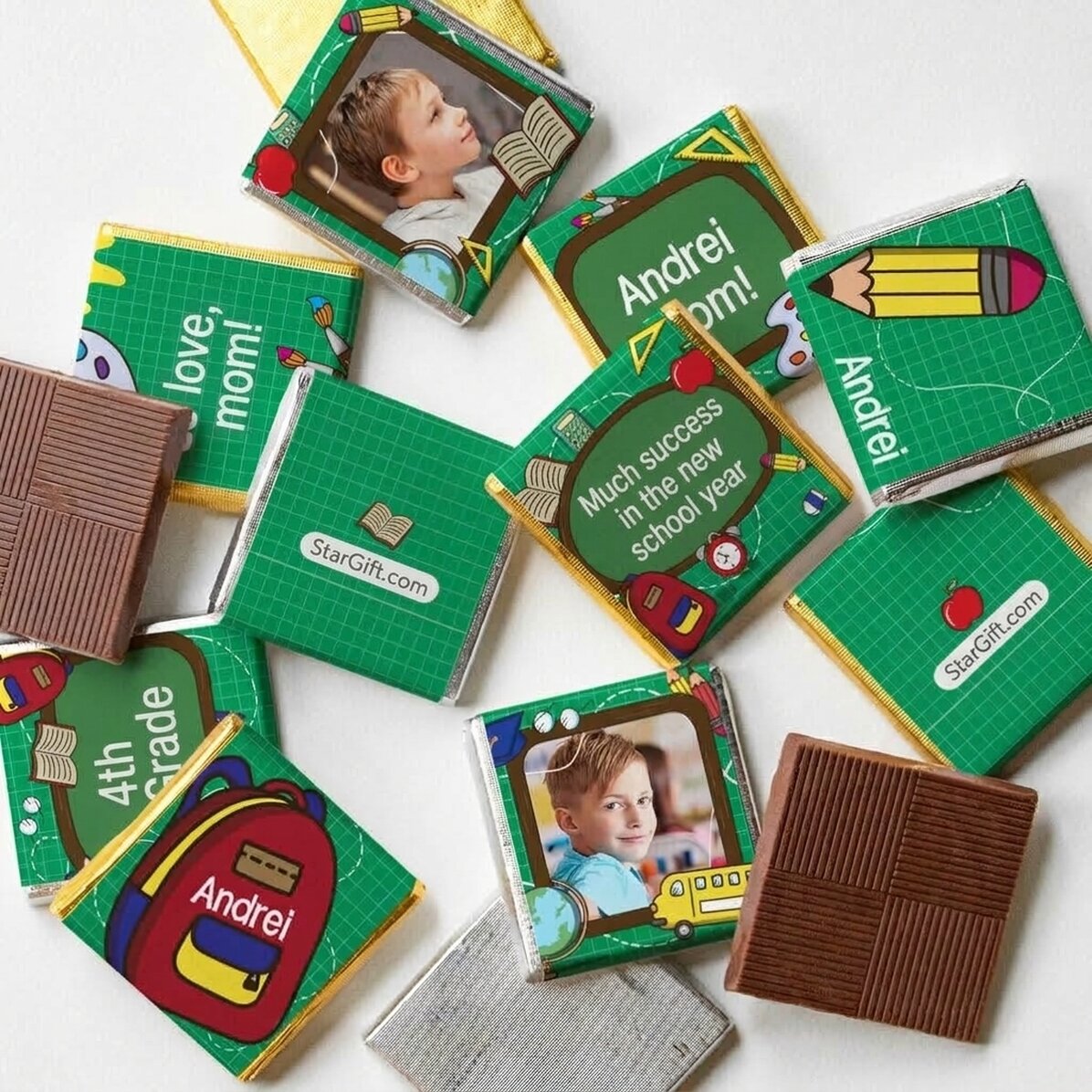 Set di 10 mini cioccolatini personalizzati con foto e testo per l