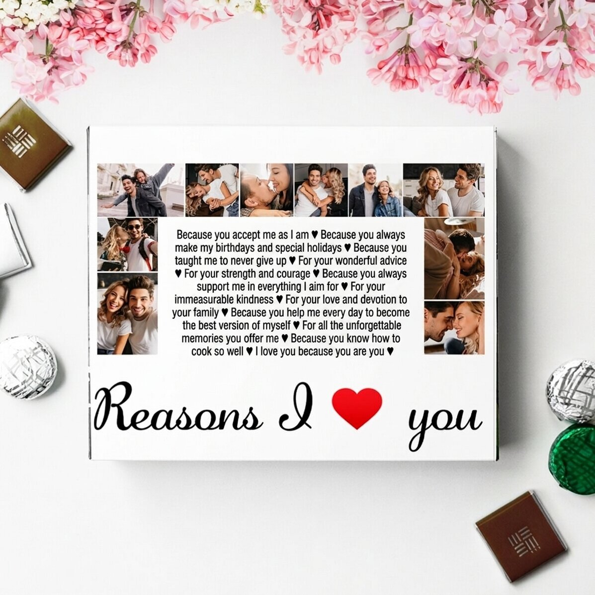Scatola di cioccolatini personalizzata con 20 foto e testo - Reasons I love you