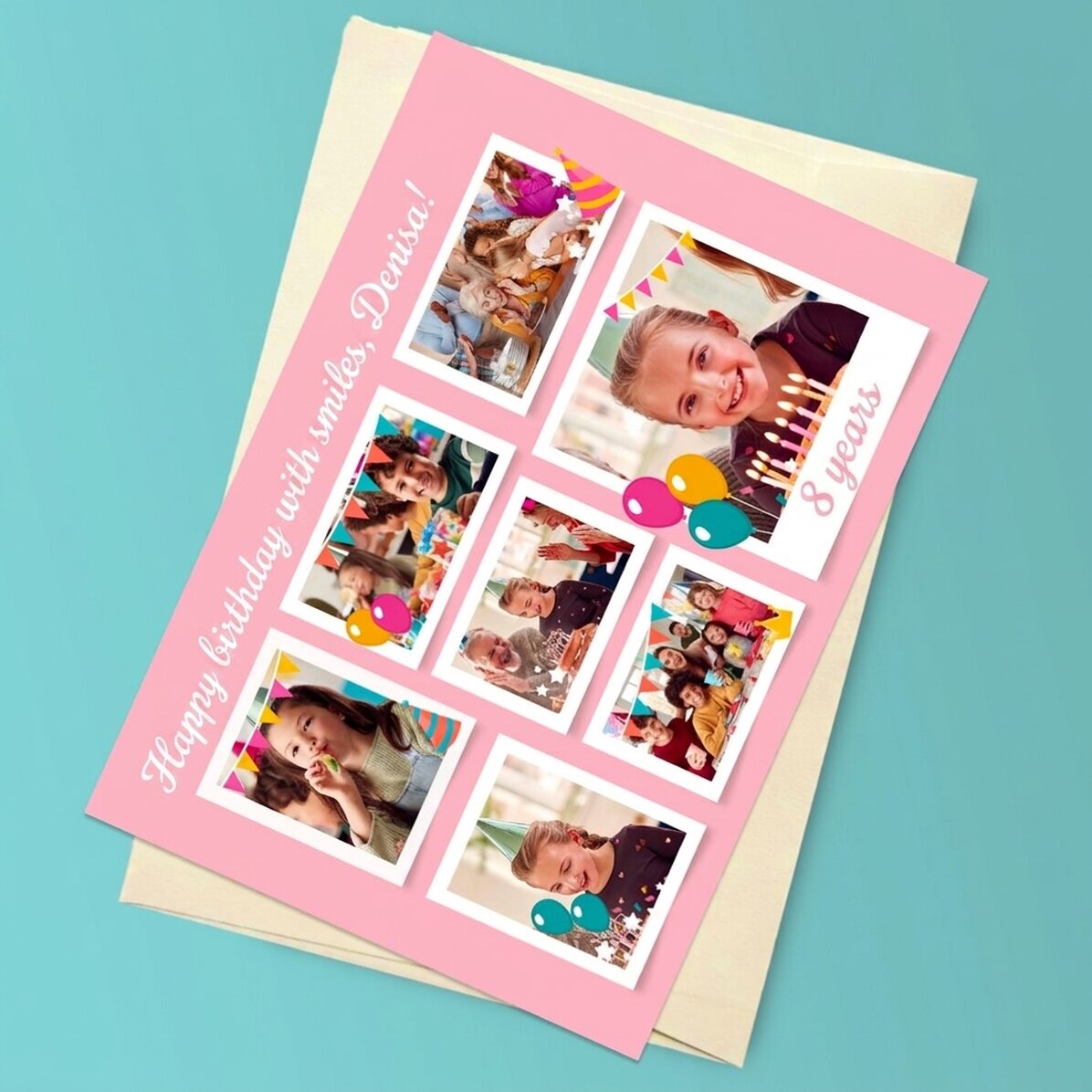 Biglietto di auguri magnetico personalizzato con 7 foto e un messaggio per i bambini