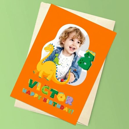 Biglietto di auguri magnetico personalizzato con foto, numero e testo - Dinosaurio