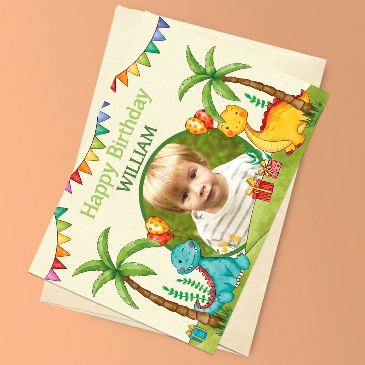 Biglietto di auguri magnetico personalizzato con foto e messaggio per bambini - Dinosauri