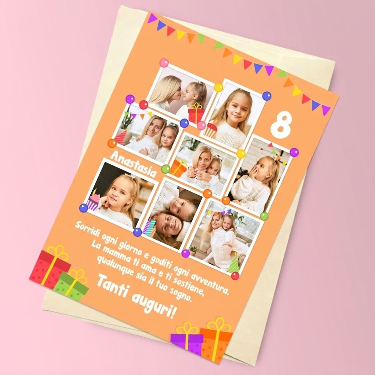 Biglietto di auguri magnetico personalizzato con 8 foto e messaggio per bambini - Compleanno
