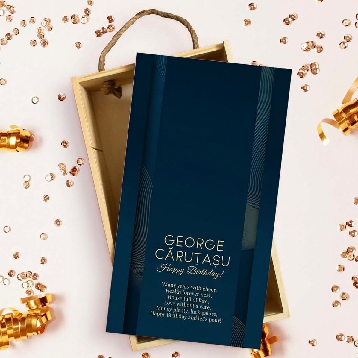 Scatola regalo in legno personalizzata con messaggio - Blu navy e oro