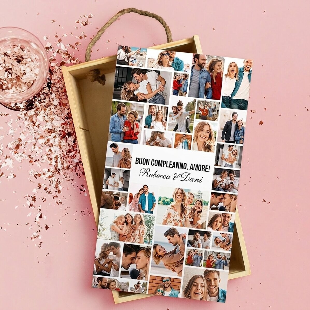 Scatola regalo in legno personalizzata con 35 foto e testo