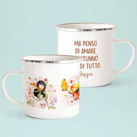 Tazza in metallo smaltato con scritta - I love fall most of all