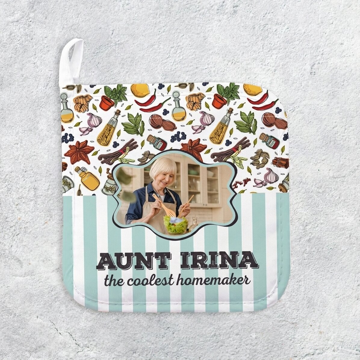 Supporto per pentole calde personalizzato con foto e testo - La casalinga più in gamba