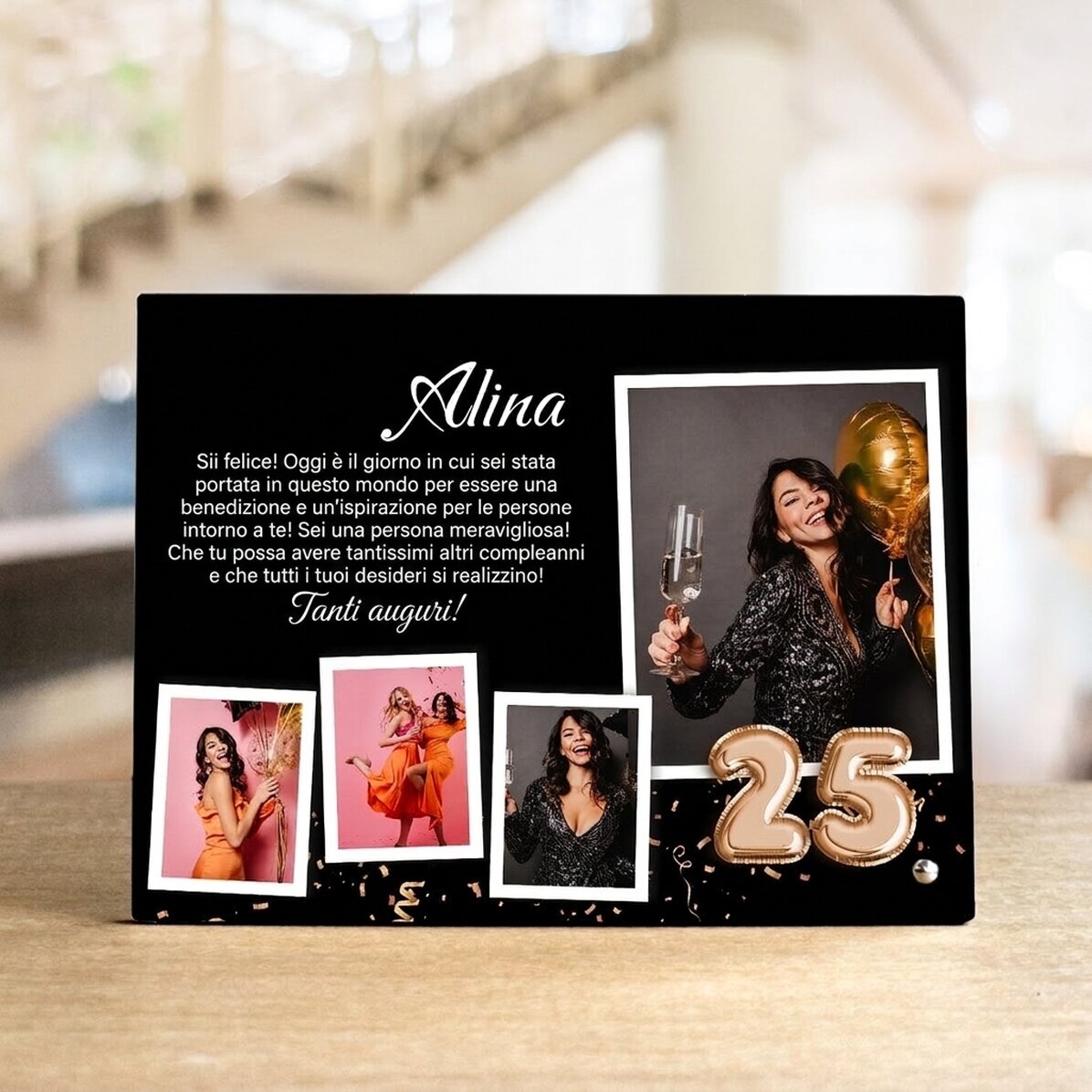 Cornice da scrivania personalizzata con 4 foto, nome e messaggio - Buon compleanno!