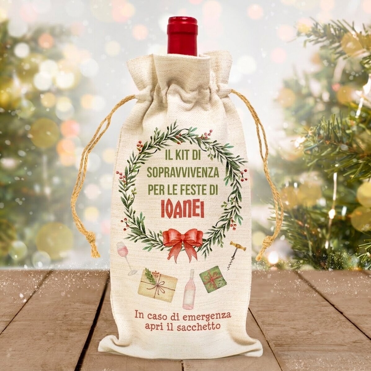 Sacchetto personalizzato per bottiglia di vino - Kit di sopravvivenza