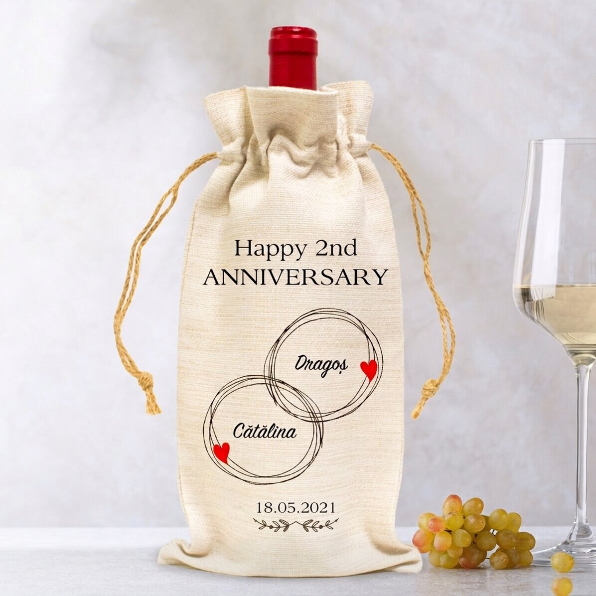 Sacchetto personalizzato per bottiglia di vino - Anniversario di coppia