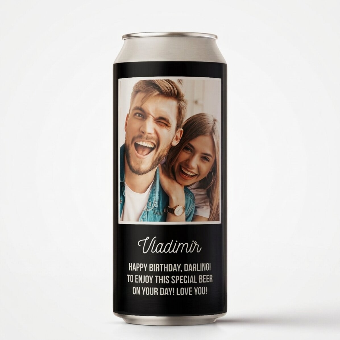 Birra in lattina personalizzata con una foto e un messaggio